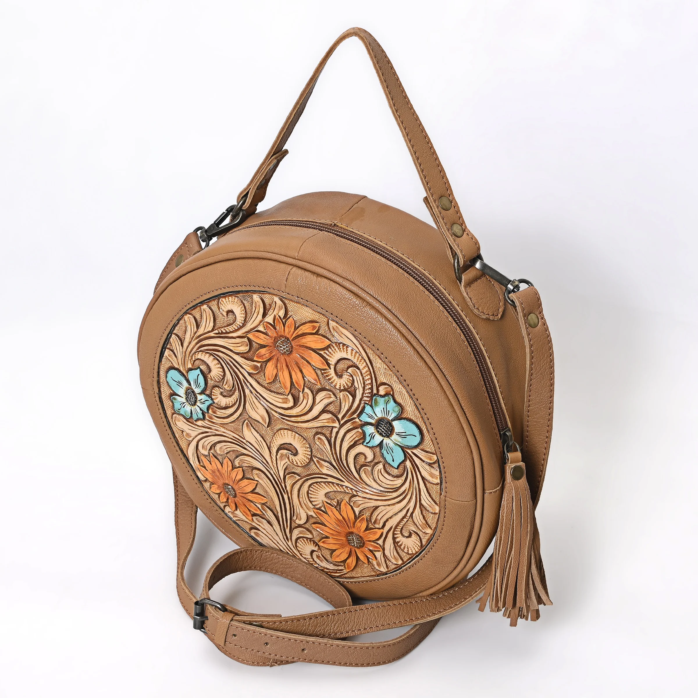2023 Handtooled Leather Round Western Bag With Handle And Adjustable