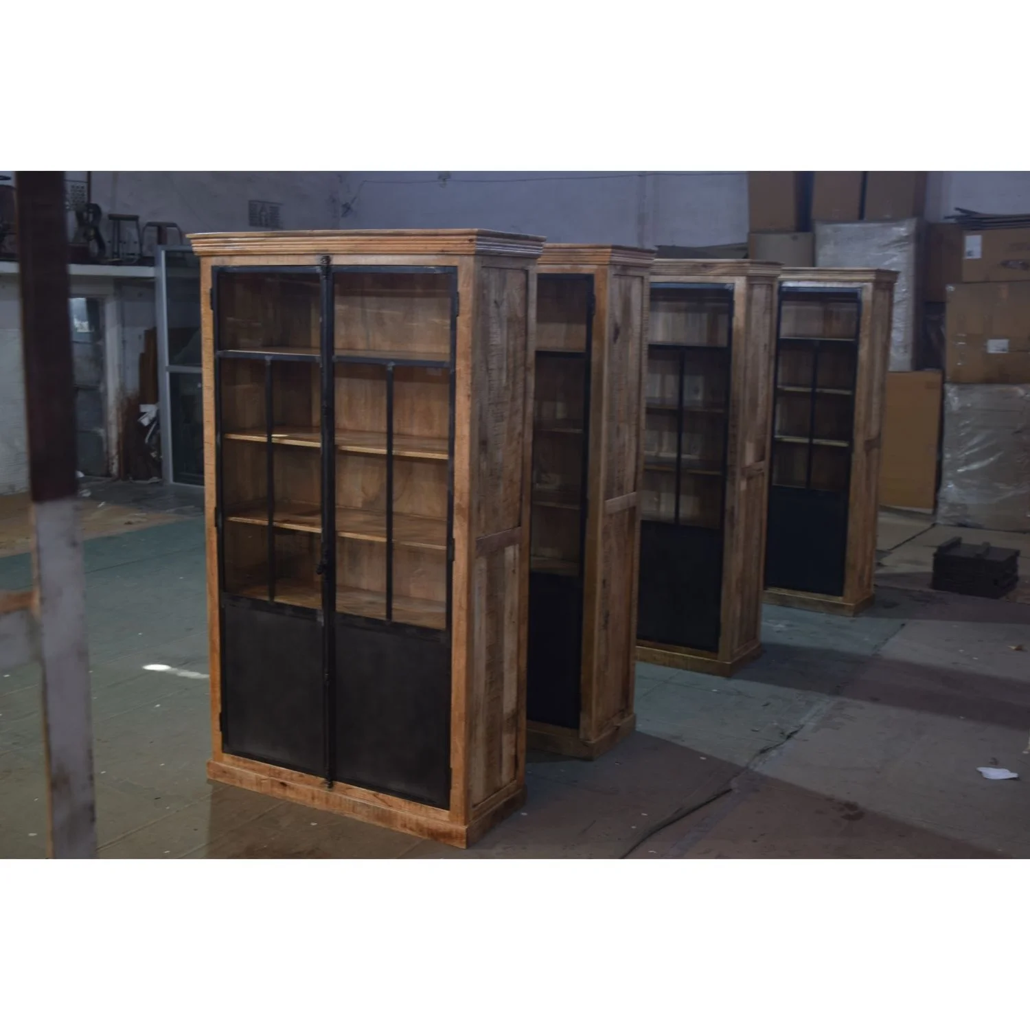 Tall Mango Wooden Almirah With Glass Panel Vintage Industrial