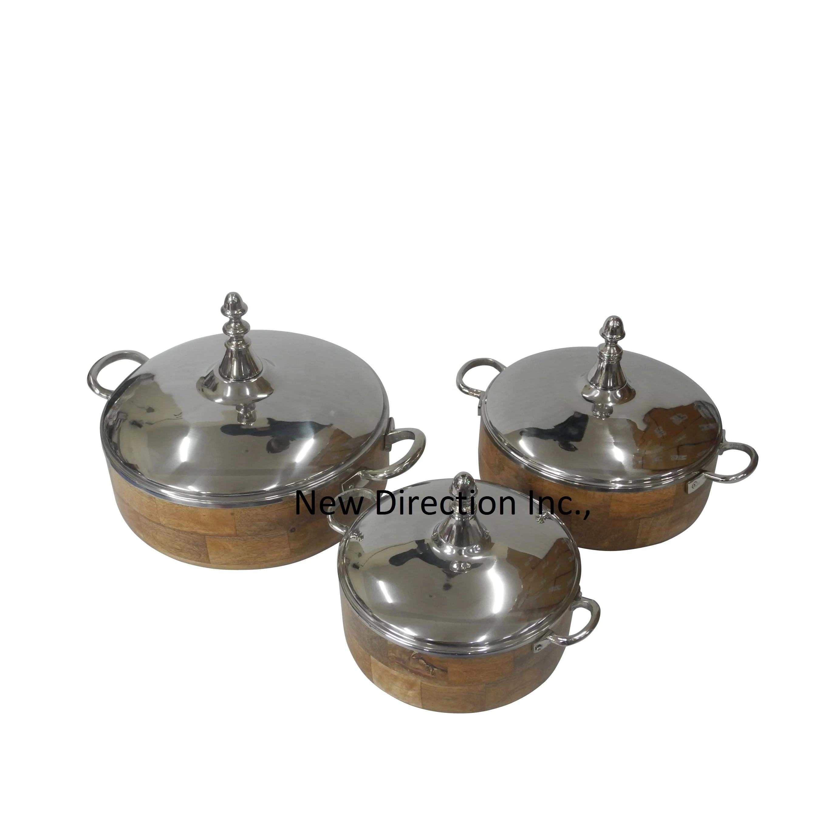 Stainless Steel Insulated Double Wall Casseroles Serving Hot Pot With Wooden Base Hot Sale Set