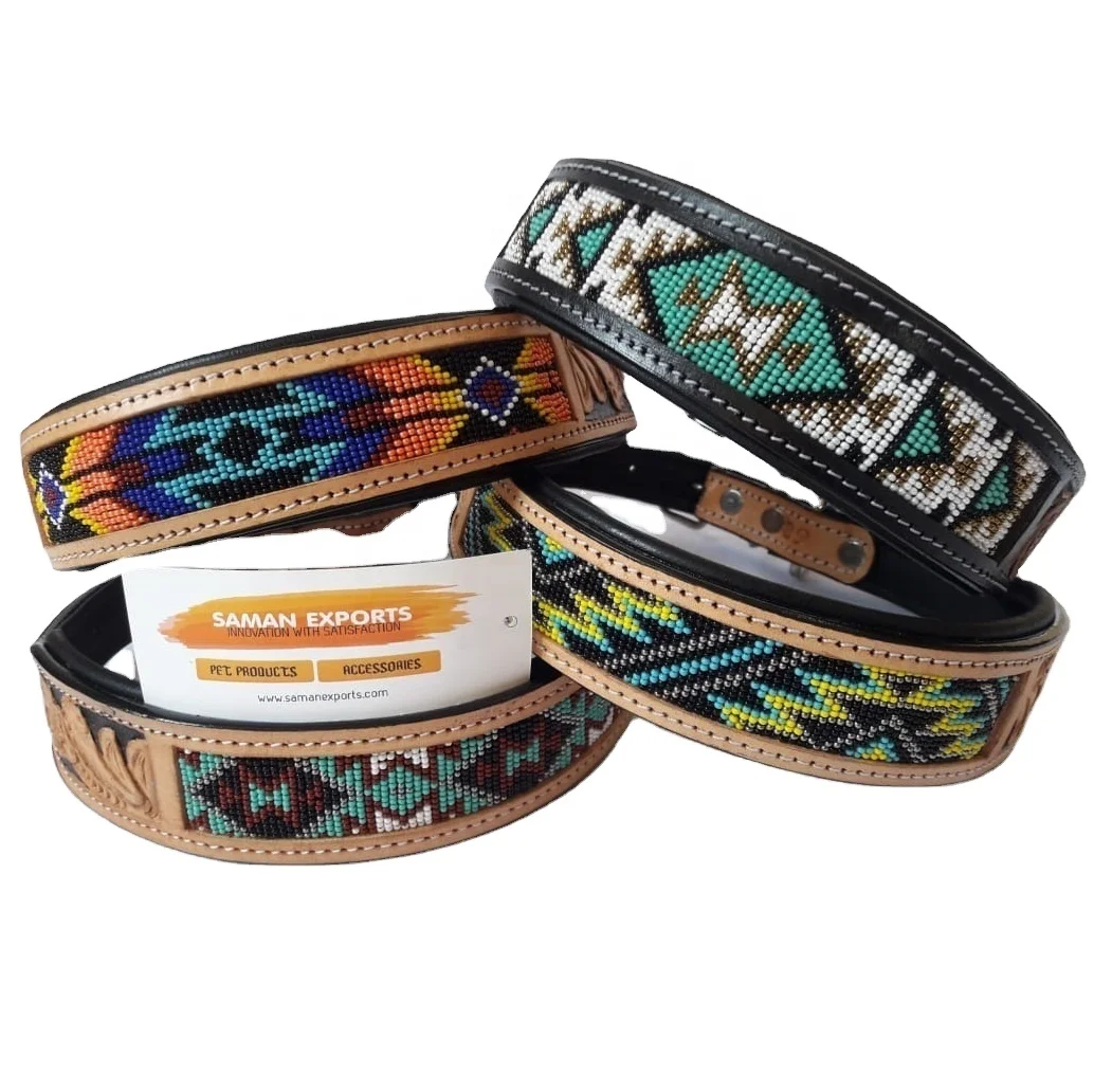 Personalized 100 Genuine Leather Beaded Dog Collar With Extra Soft