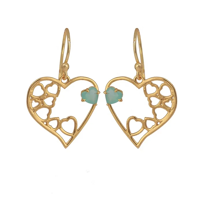 Aqua Chalcedony Gemstone Dangle Drop Hook Earrings Gold Plated Heart Shape Prong Set Green 5242