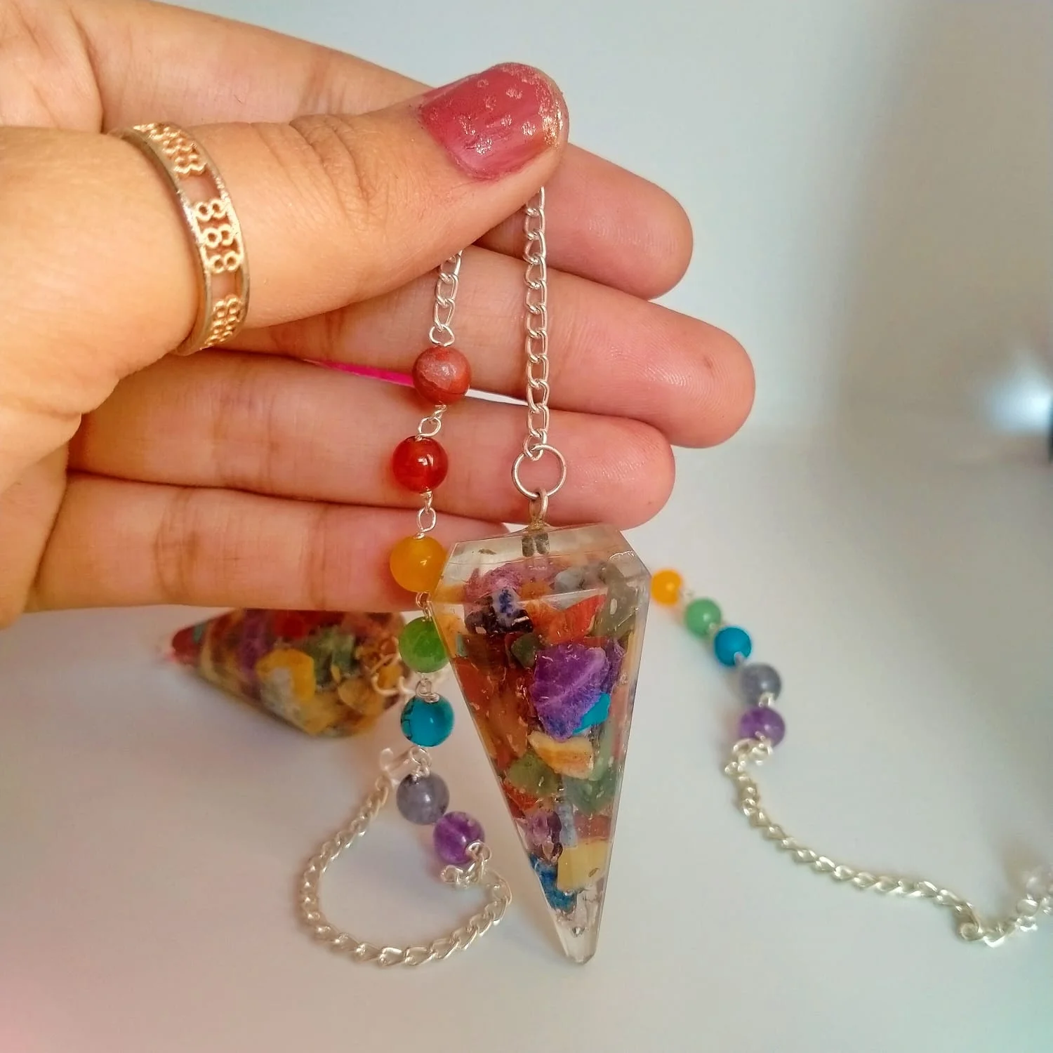 7 Chakra Orgone Point Pendulum With Seven Chakra Chain Dowsing Crystal ...