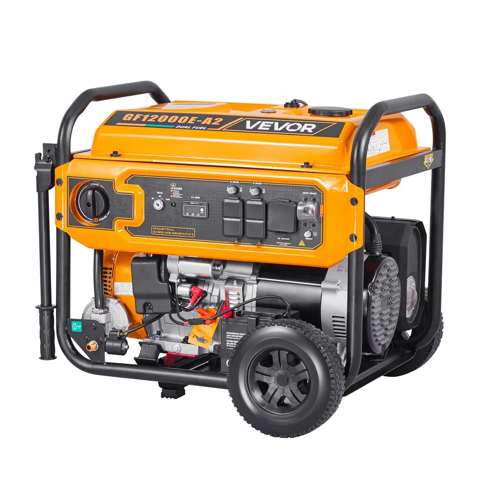 Generator placement diagram showing minimum 3-ft clearance, exhaust direction, and grounding rod connection