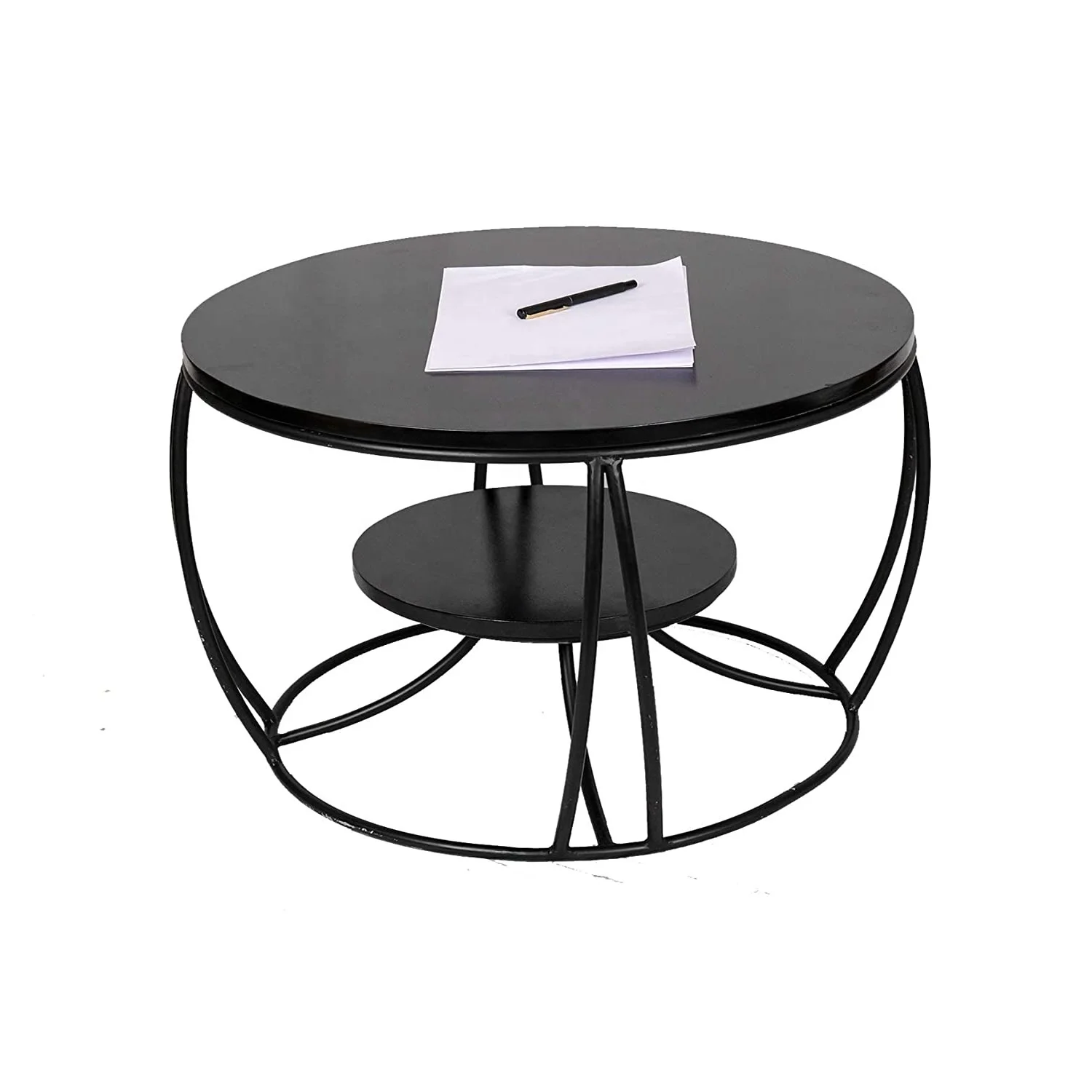 Modern Wood Metal Duplex Round Coffee Table Nesting Center Coffee Table
