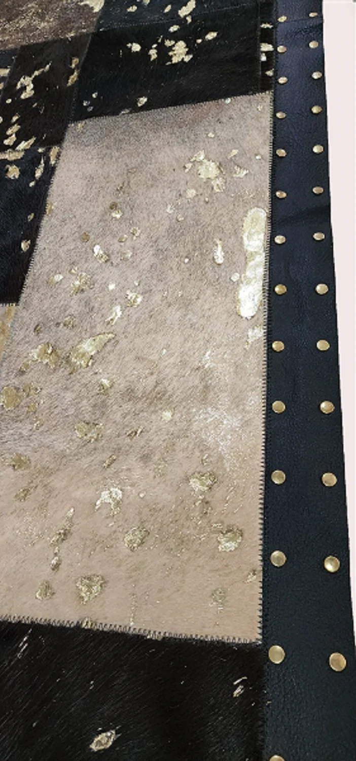 Acid Washed Black Pure Real Cow Leather Hair On Handmade Patchwork Gold
