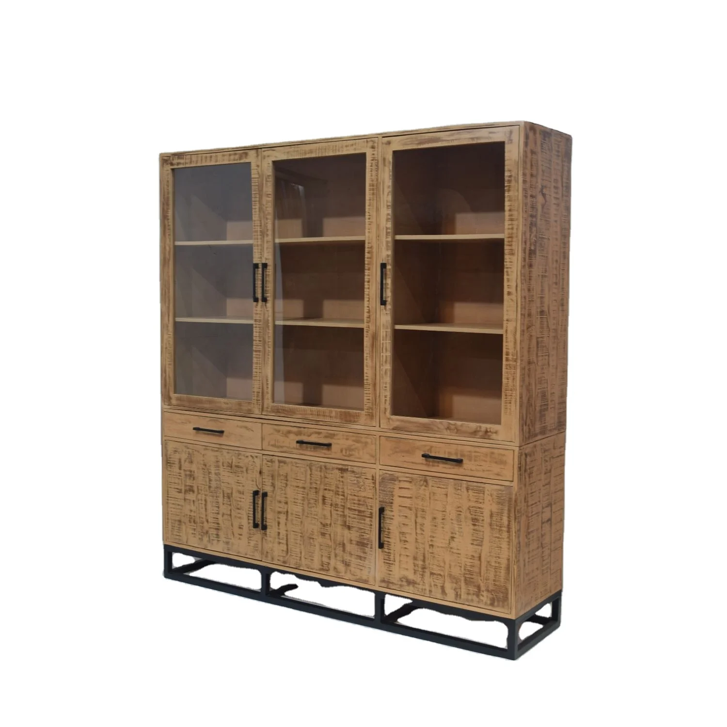 Industrial Vintage Solid Mango Wood 3 Glass Panel Double Hutch Buffet