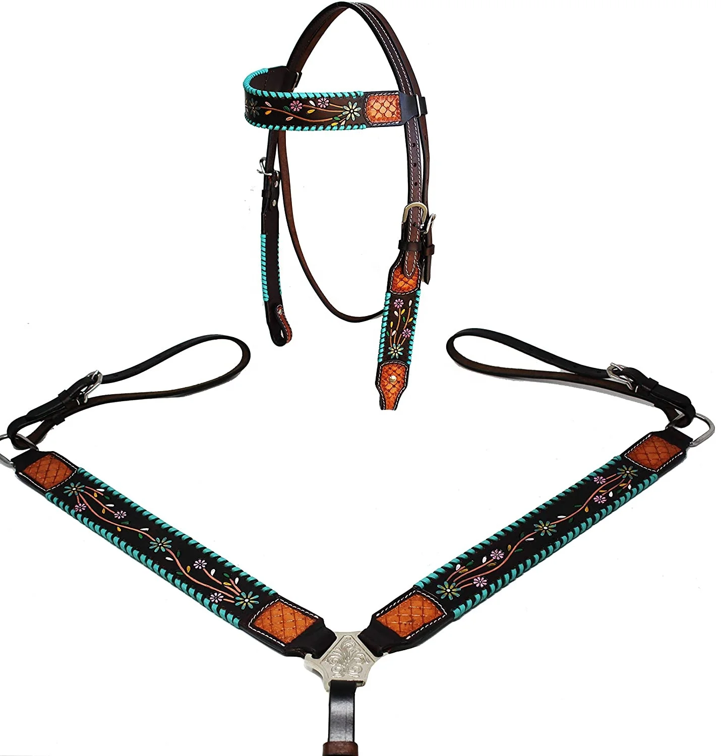 Horse Western Floral 100 Cow Leather Tooled Painted Bridle Breast