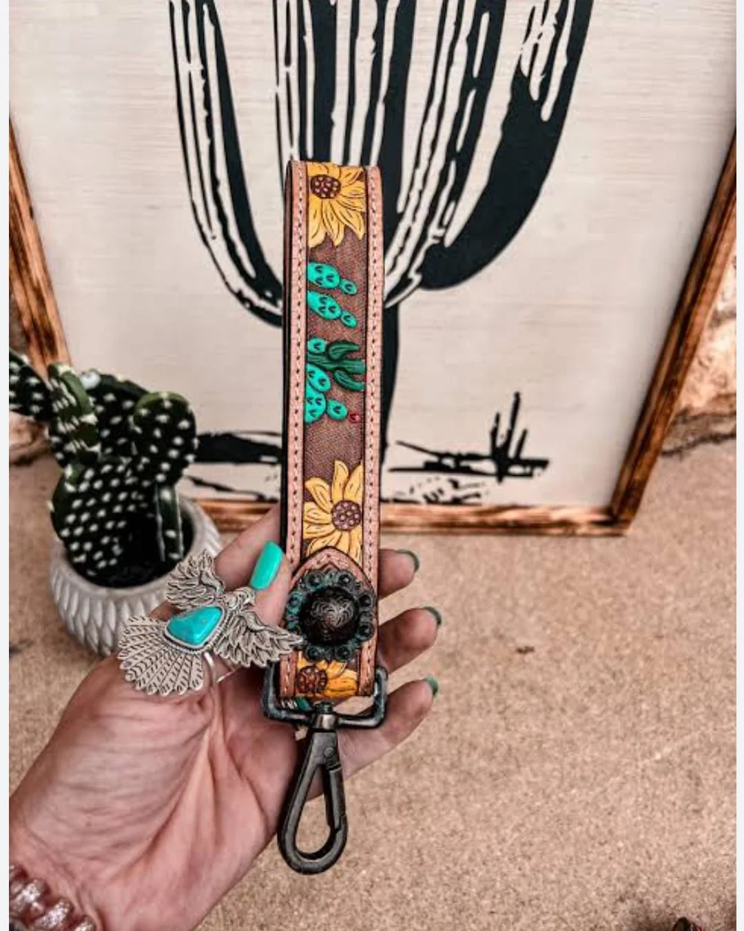 Beautiful Hand Tooled Leather Keychain With Cowgirl Wild West Patterns