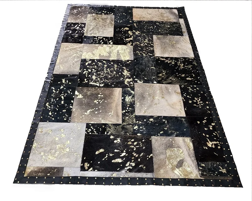 Acid Washed Black Pure Real Cow Leather Hair On Handmade Patchwork Gold