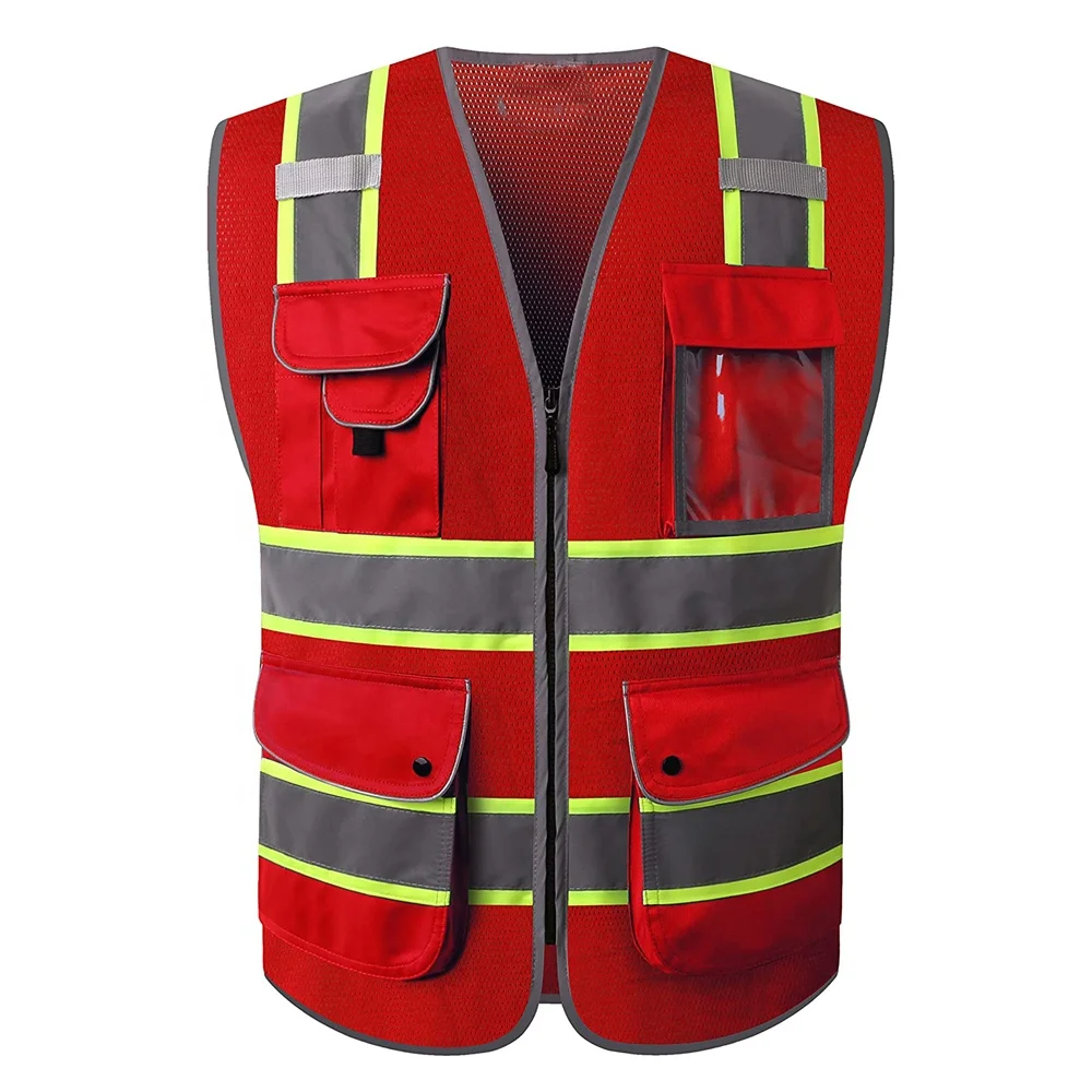 Safety 9 Pockets Hivis Neon Red Zipper Front Mesh Safety Vest With Fluorescent Yellow Extend