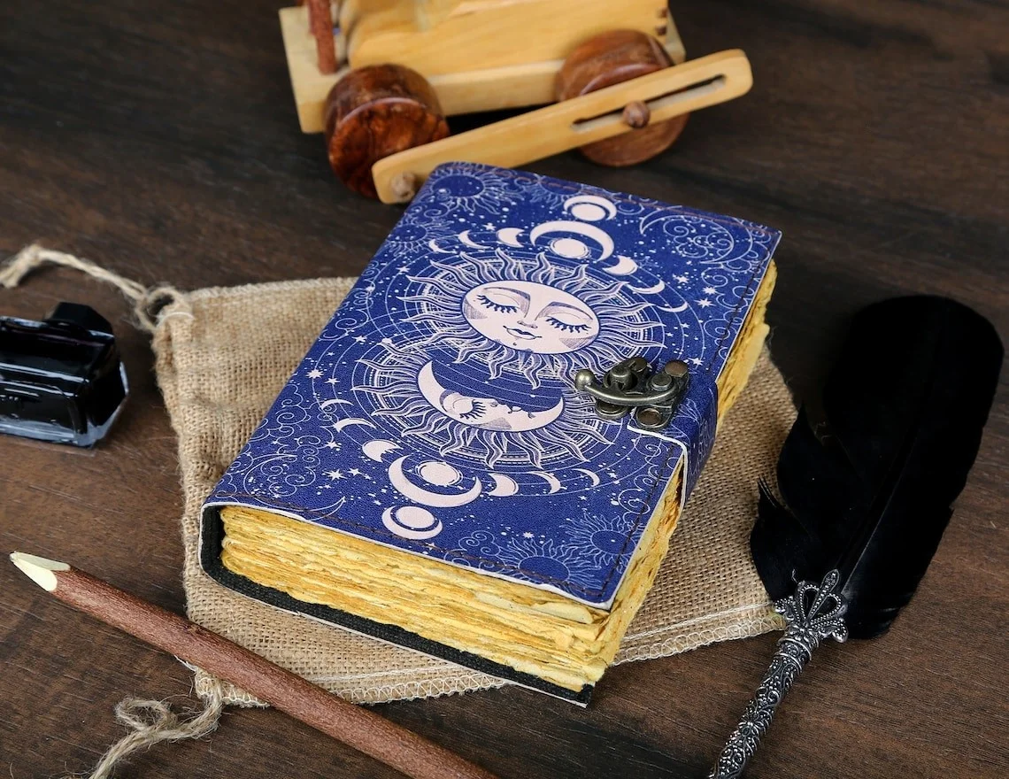 Sun and Moon Print Vintage Leather Journal Grimoire Leather Journal ...
