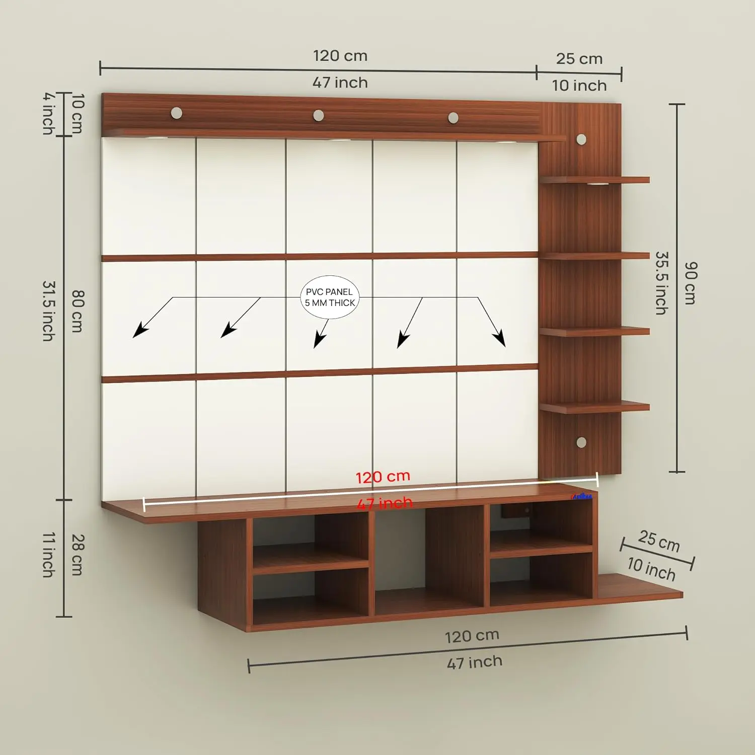 Engineered Wood Wall Mount Striped PVC Back Panel TV Unit with Spot LED ...