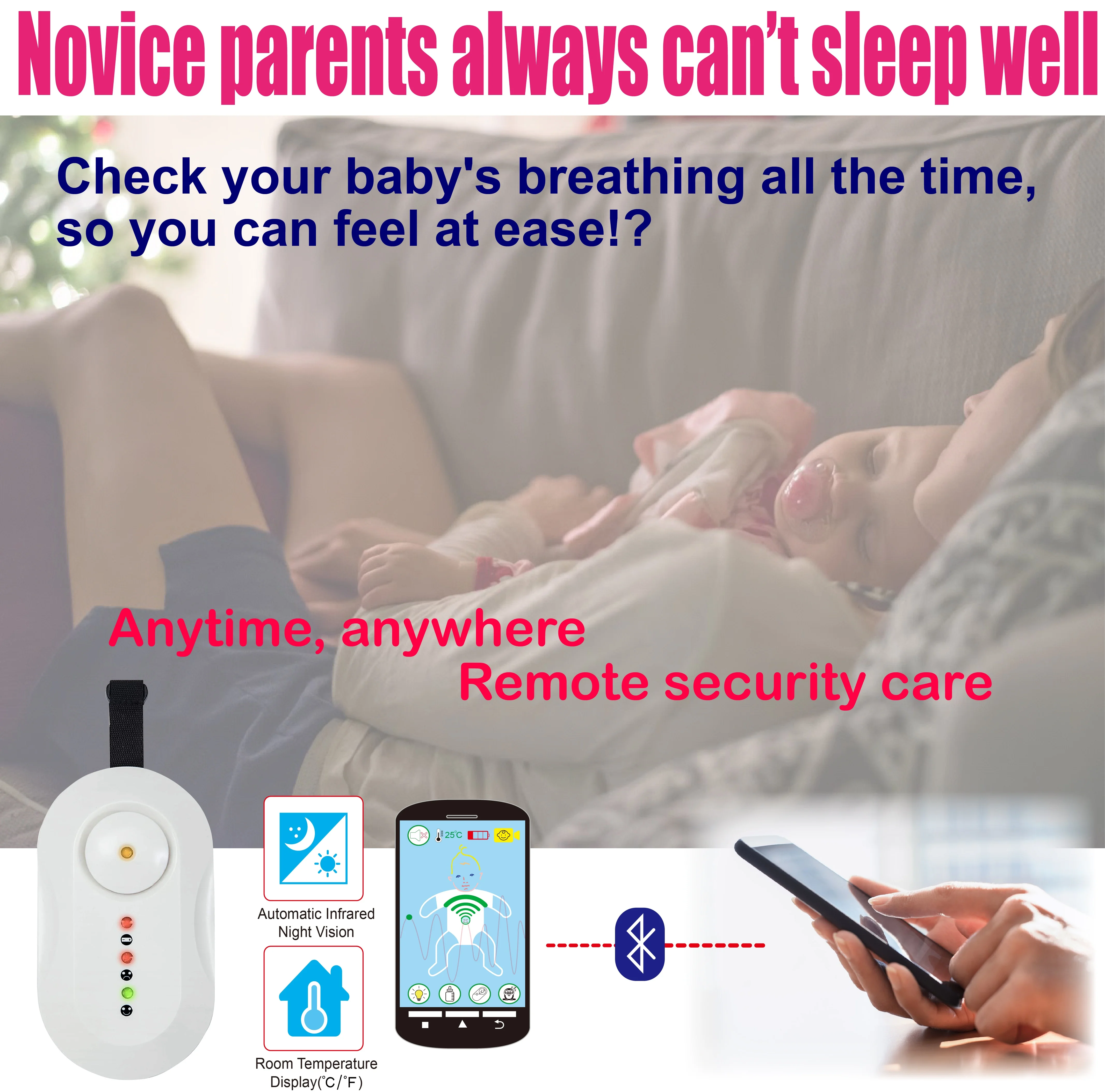 Two Pads Contactless Smart Baby Breathing Monitor,Realtime Heart Rate And Sleep Trackermonitor