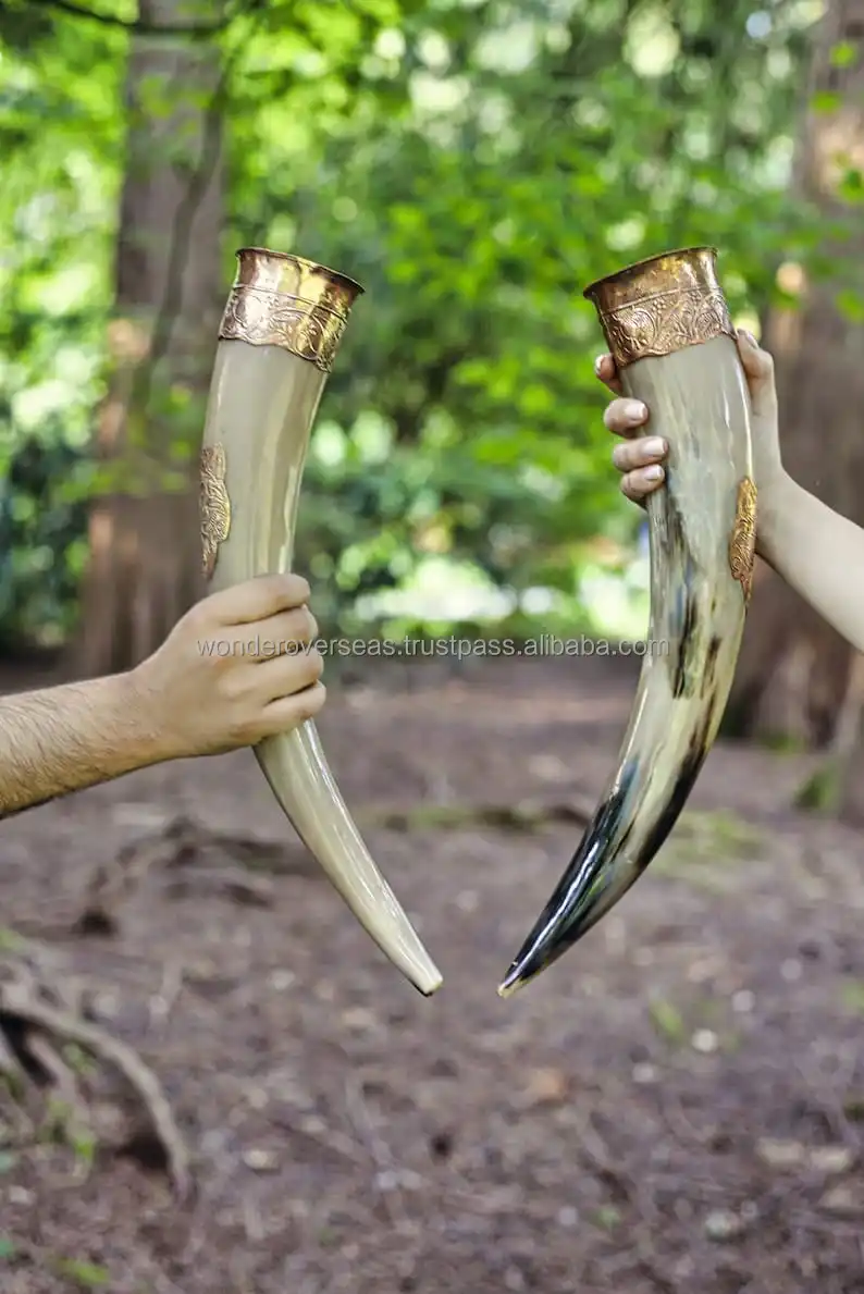 Genuine Oxhorn Viking Drinking Horn With Horn Stand & Brass Wolf