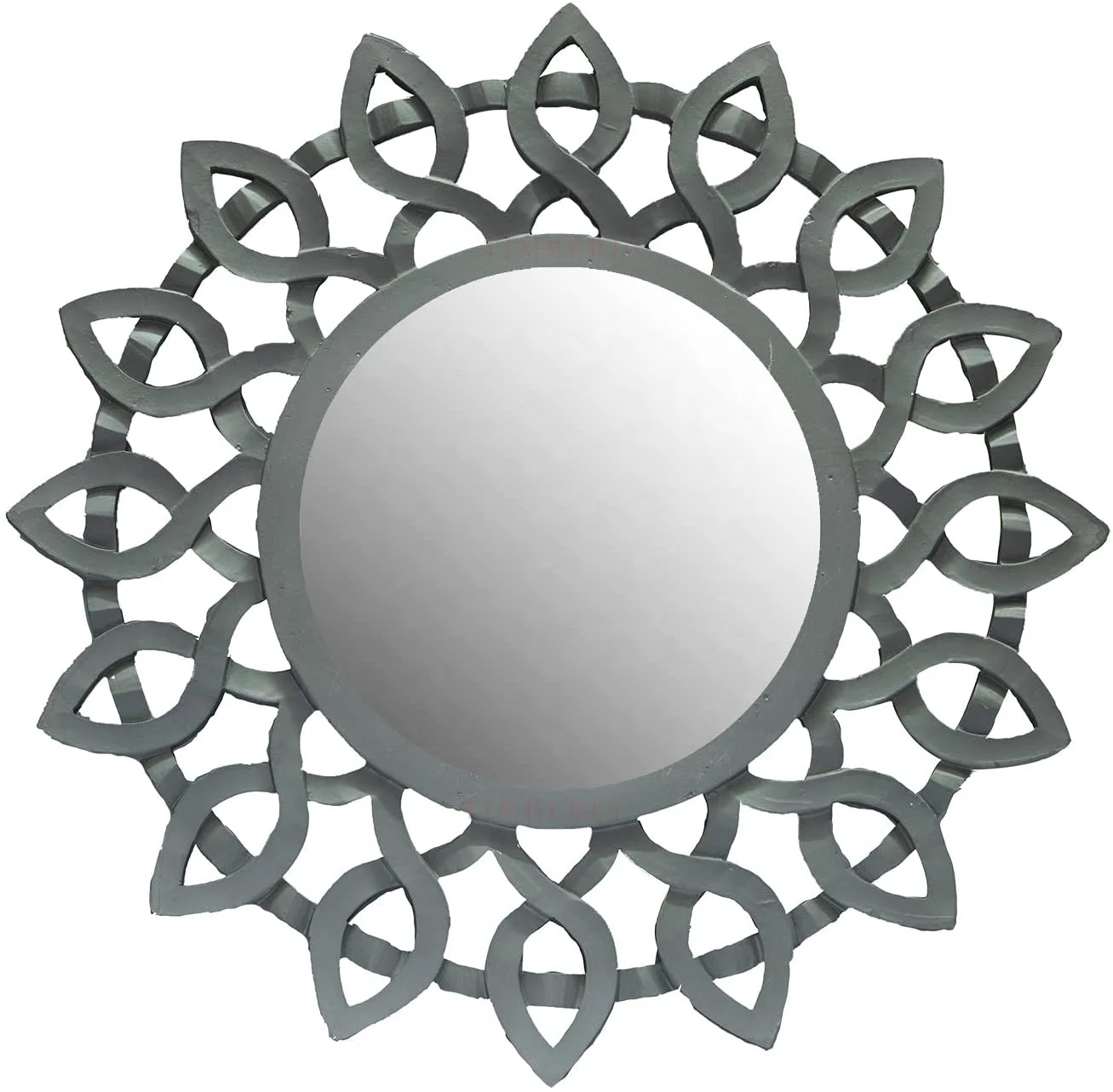 Grey Color Floral Shape Wooden Wall Hanging Mirror Premium Pure