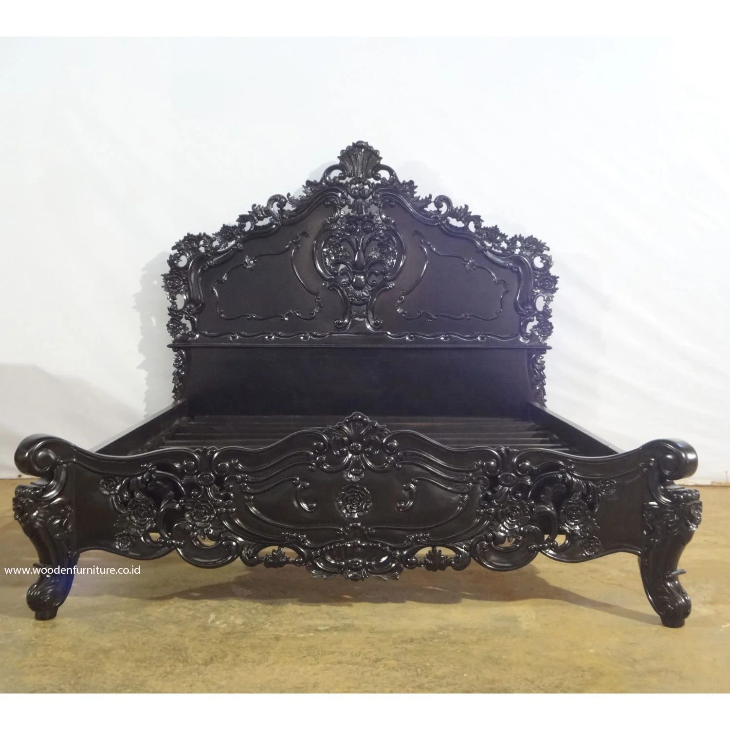 Antique Reproduction Rococo Wood Carving Bed Set In Black Painted For ...