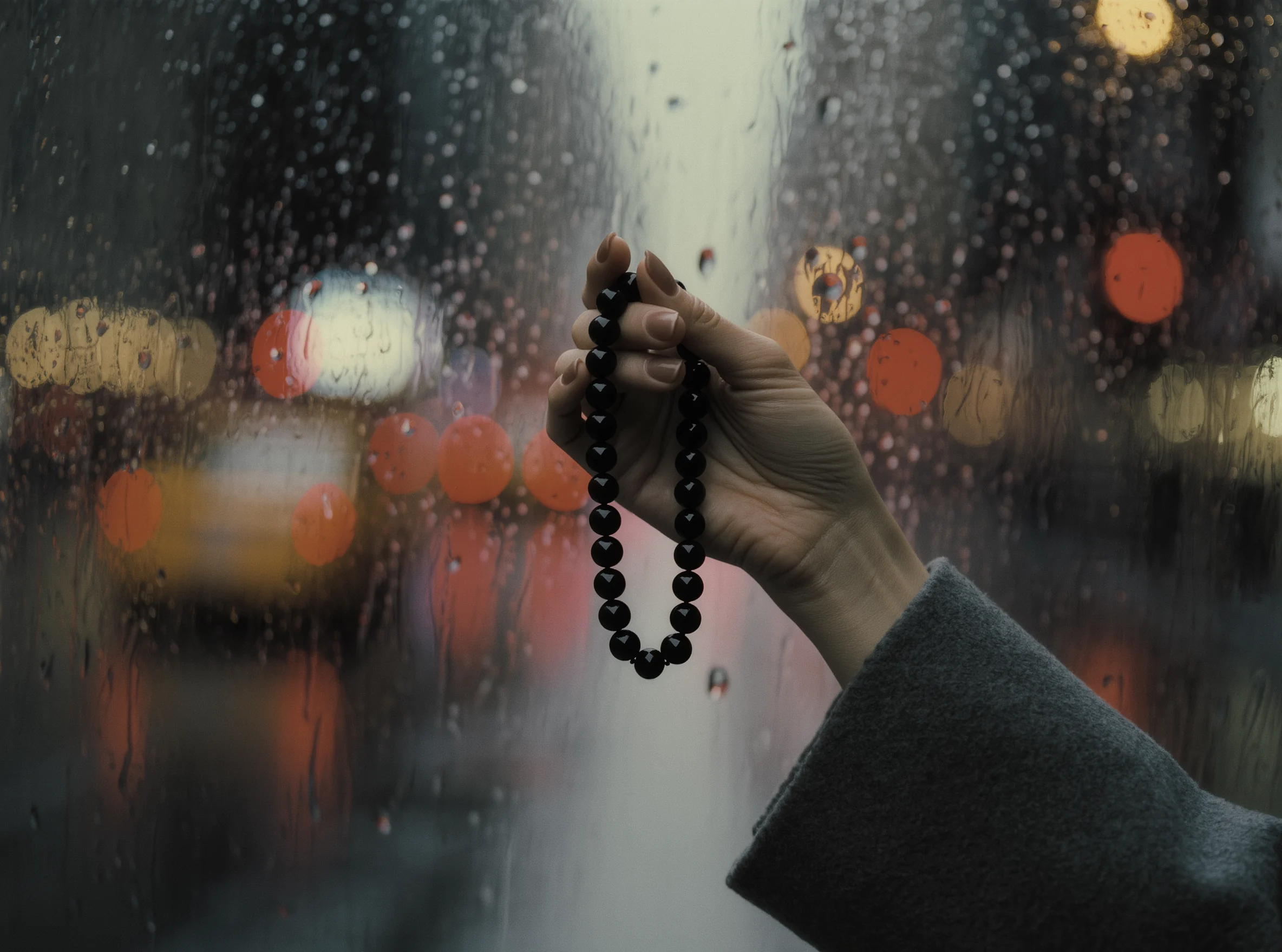 The Portable Altar: Finding Stillness in the Pulse of the City 2 Portable Altar by Yuano: A handcrafted obsidian necklace held against city lights
