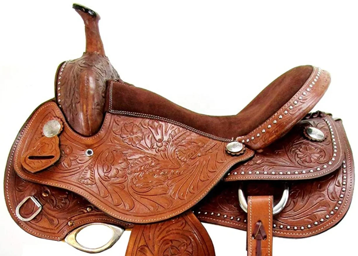 Genuine Natural Leather Western Saddle With Reddish Brown Suede With