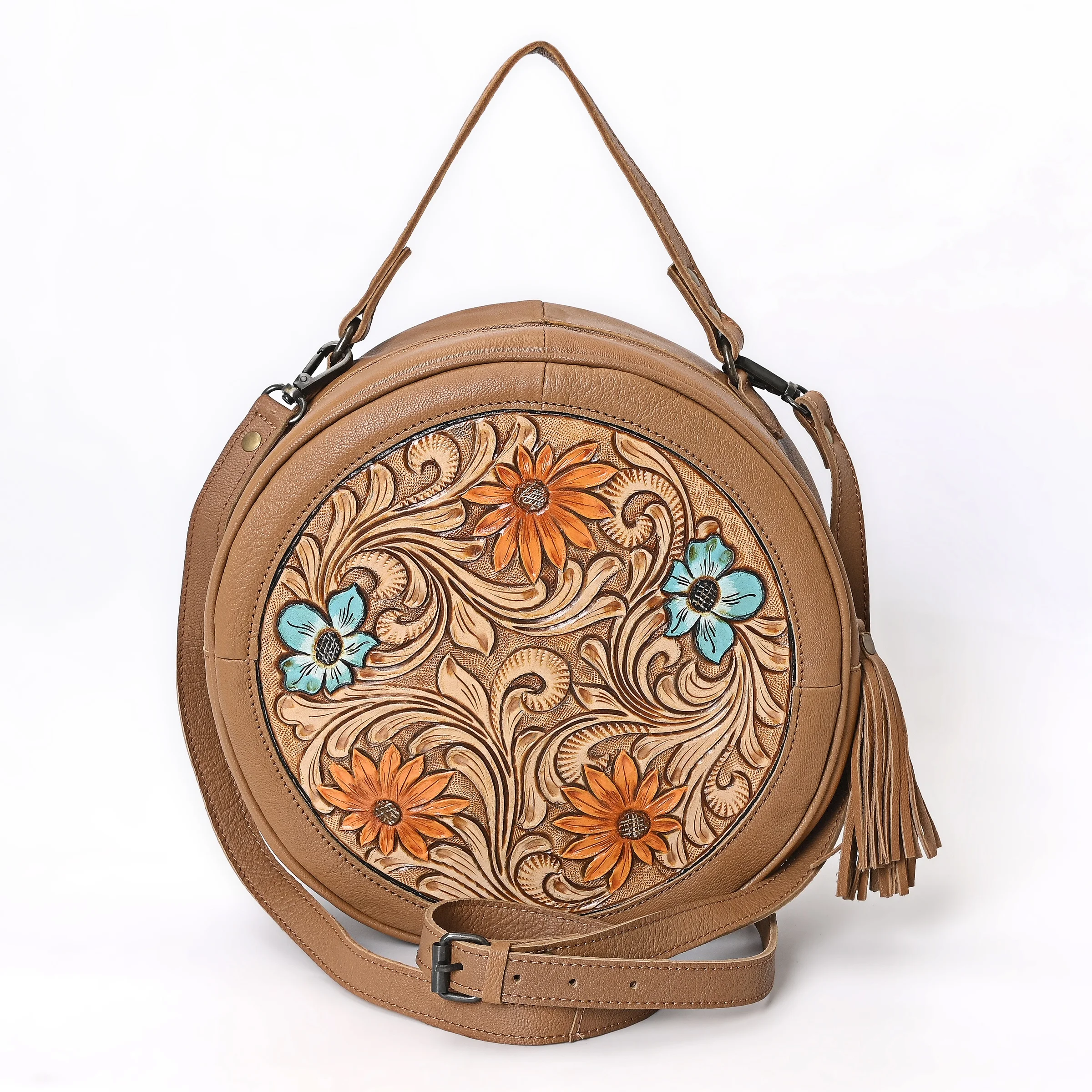 2023 Handtooled Leather Round Western Bag With Handle And Adjustable