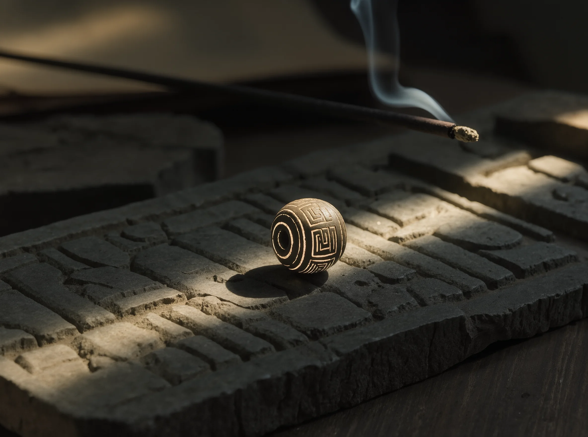 The Etched Word: Decoding the Scripture of the Eart 2 Etched Stone by Yuano: A sacred Pumtek bead representing the perfect state of stillness