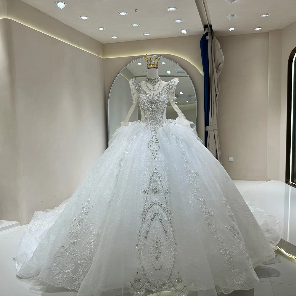 Wholesale crystal long leeve empire puffy wedding dresses for girls party tyle wedding dress natural waistline wedding dress ruffled decoration
