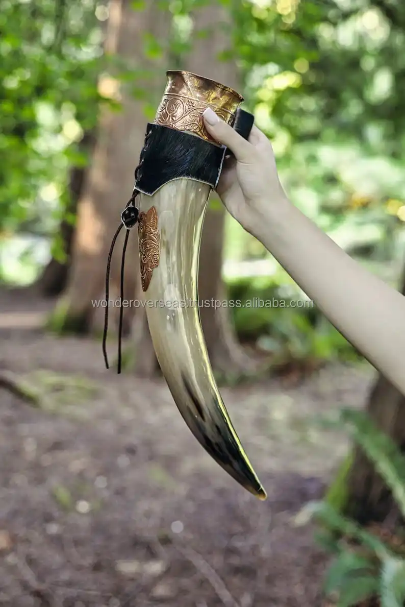 Genuine Oxhorn Viking Drinking Horn With Horn Stand & Brass Wolf