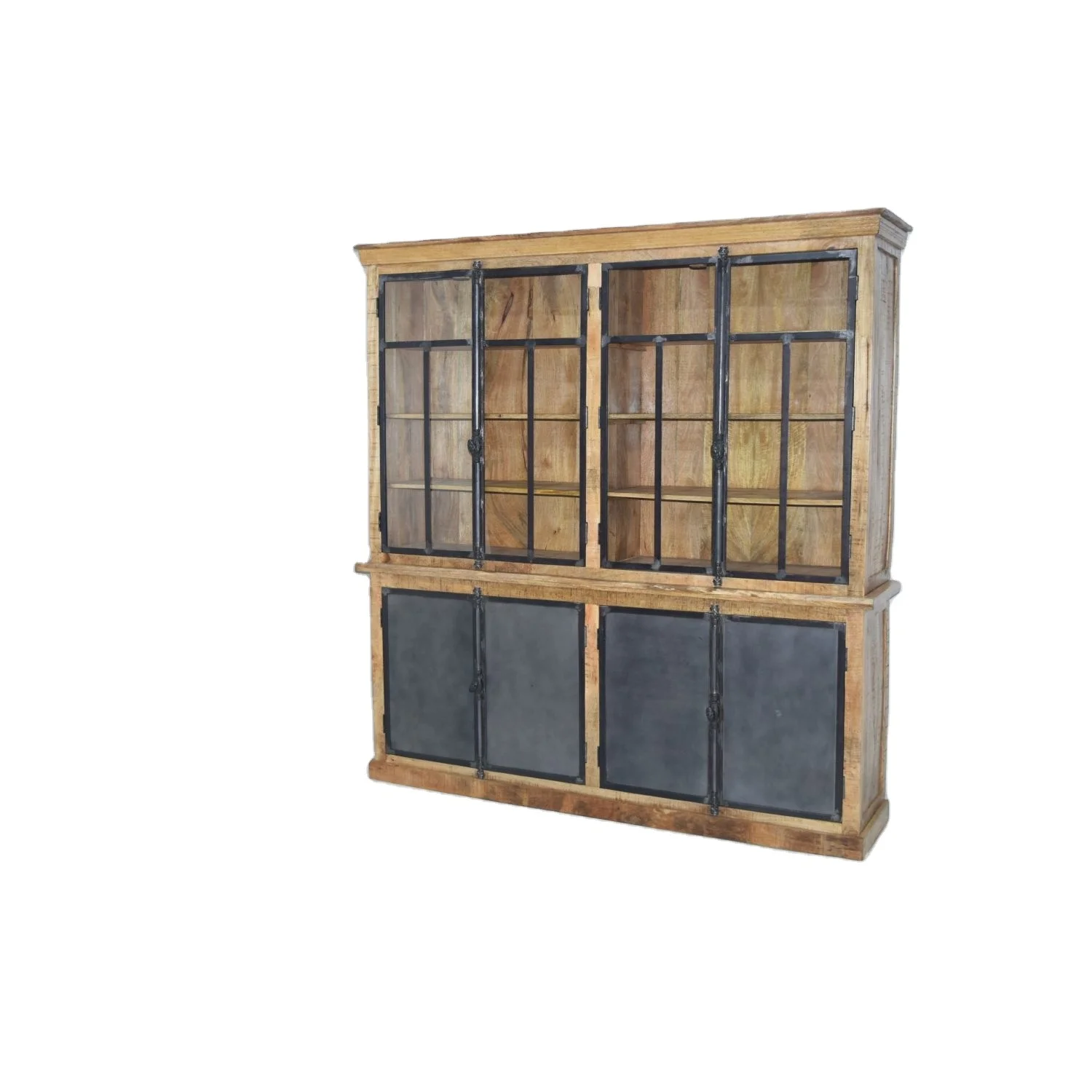 Industrial Modern Double Glass Panel Hutch Buffet Mango Wood Large