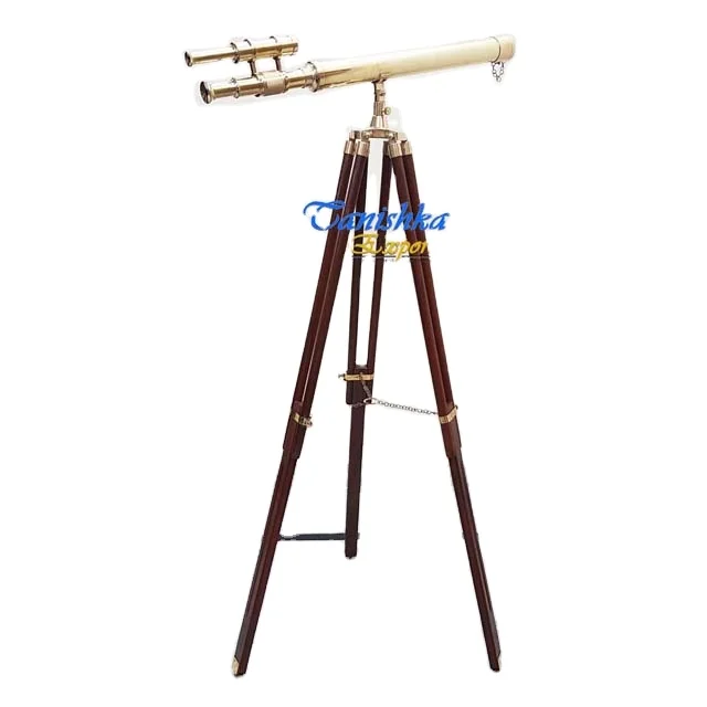 Telescope Double Barrel Brass Antique With Vintage Tripod Stand 