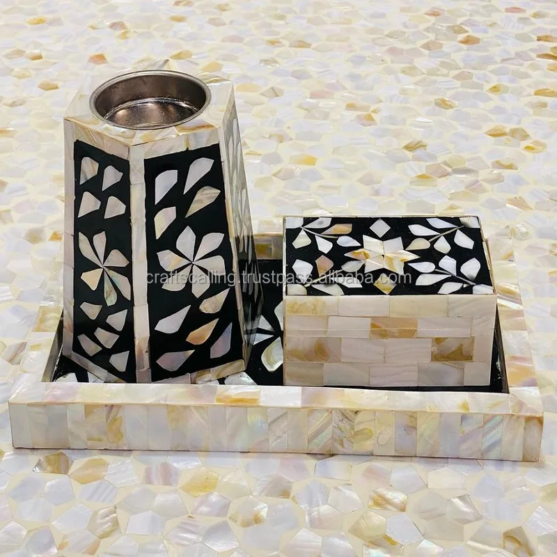 Elegant Handmade Mother Of Pearl Inlay Round Serving Tray Set With ...