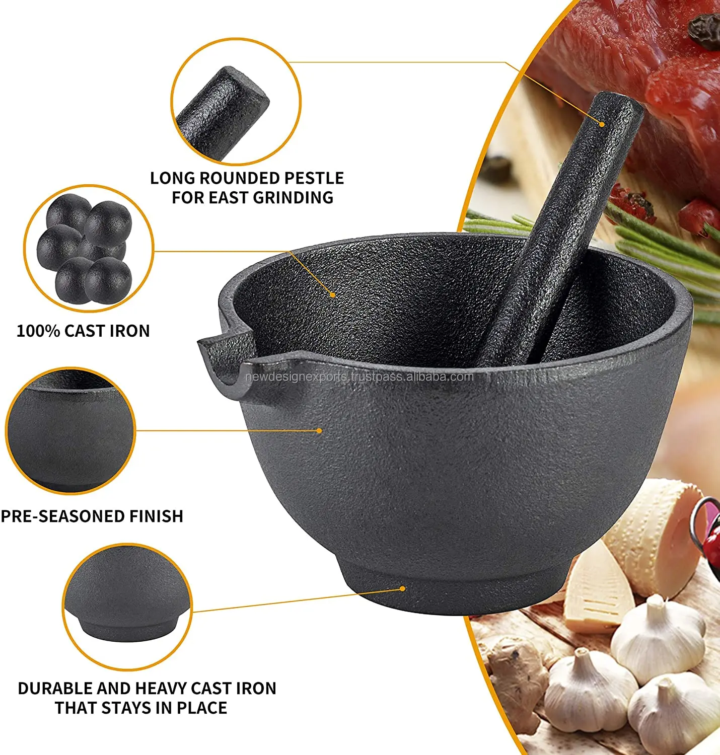 Cast Iron Mortar & Pestle With Pour Spout,Black Heavy And Sturdy Best
