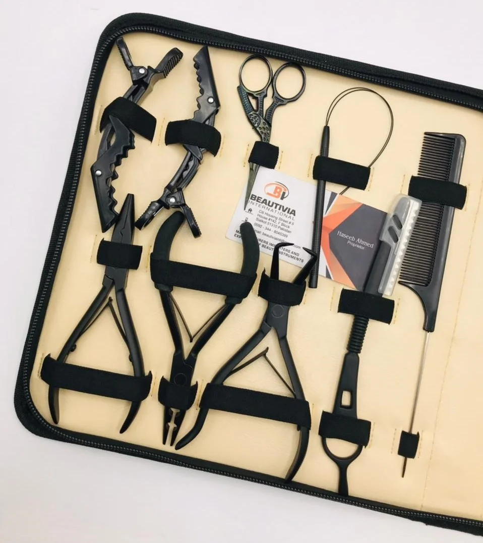Black Matte Hair Extension Tool Kit Set Professional Hair Pliers With