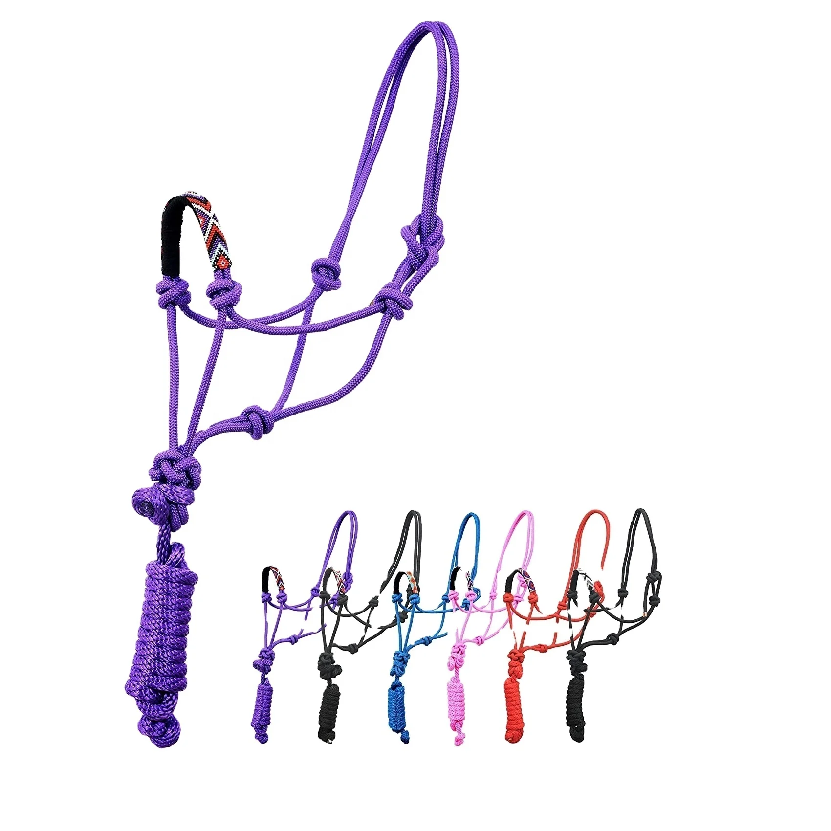 Custom Made Horse Rope Halter With Beaded Leather Hand Tooled Noseband