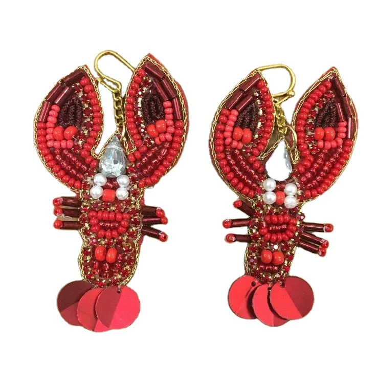 Red Crawfish Earrings Seed Bead Covered Crawfish On Gold Plate Hooks