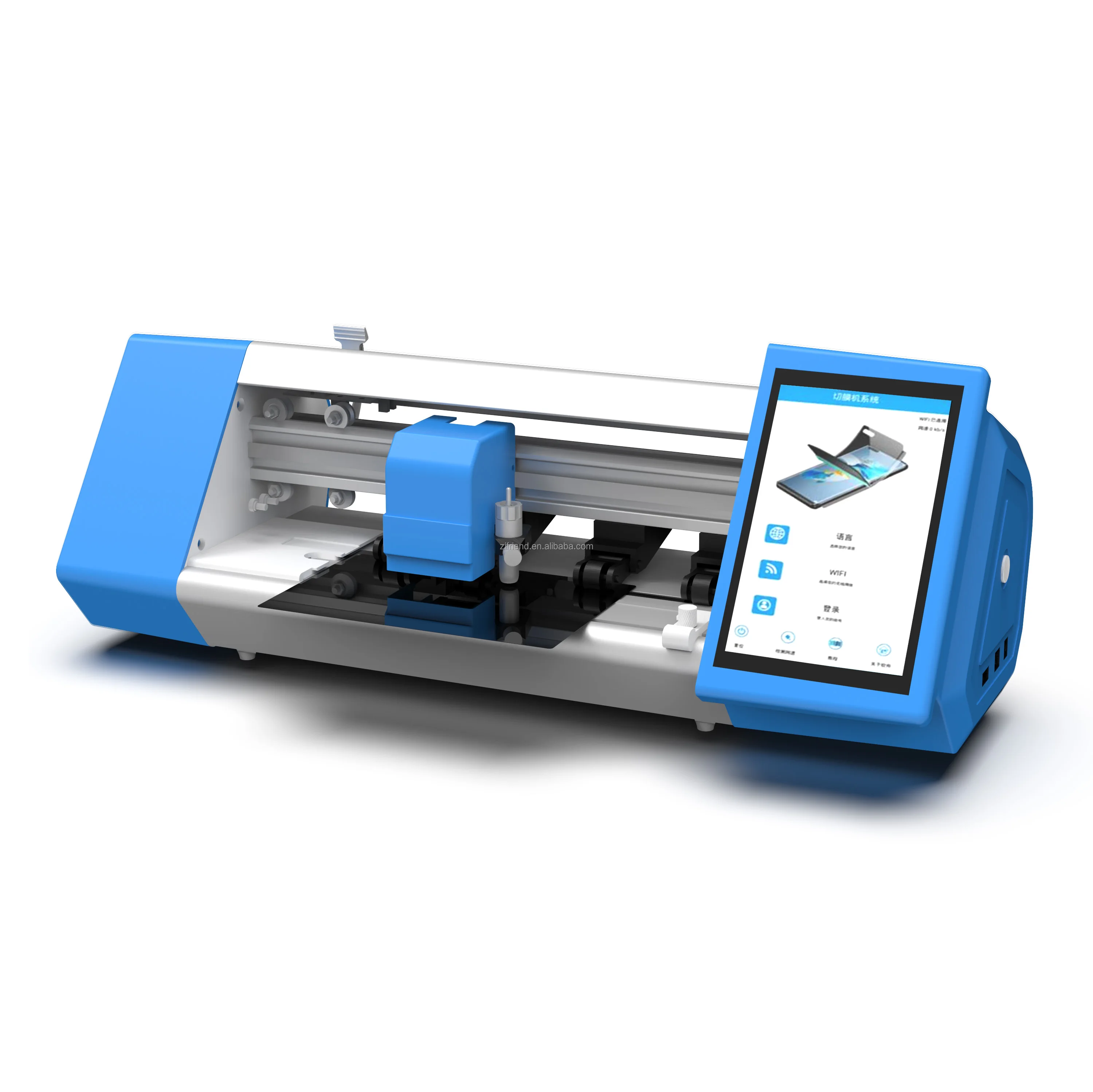 SKYCUT CUTTING PLOTTER performing precise cut on TPU film with visible alignment sensor and touchscreen interface