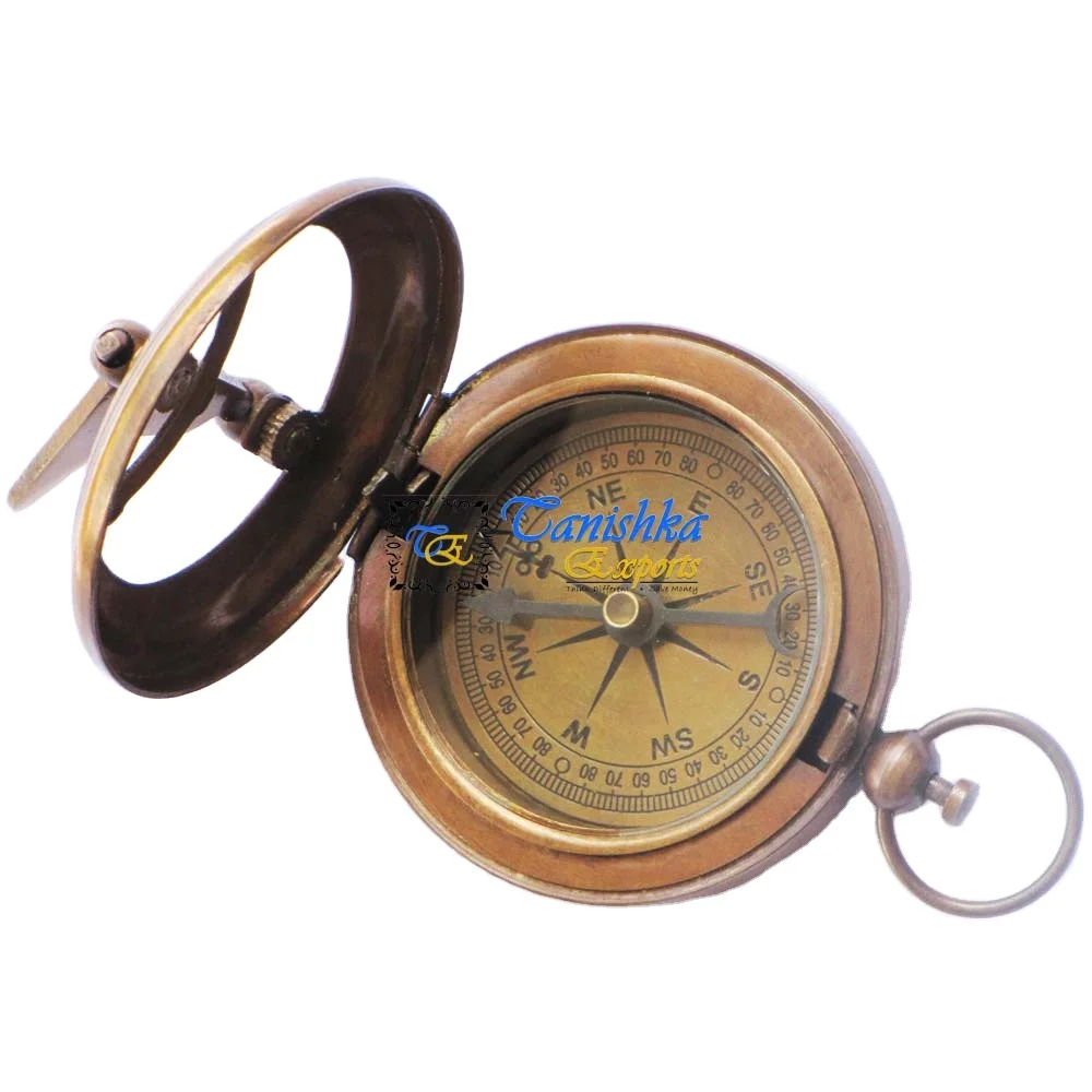 Compass Sundial Button Push Brass Pocket Antique Nautical Vintage Gift 