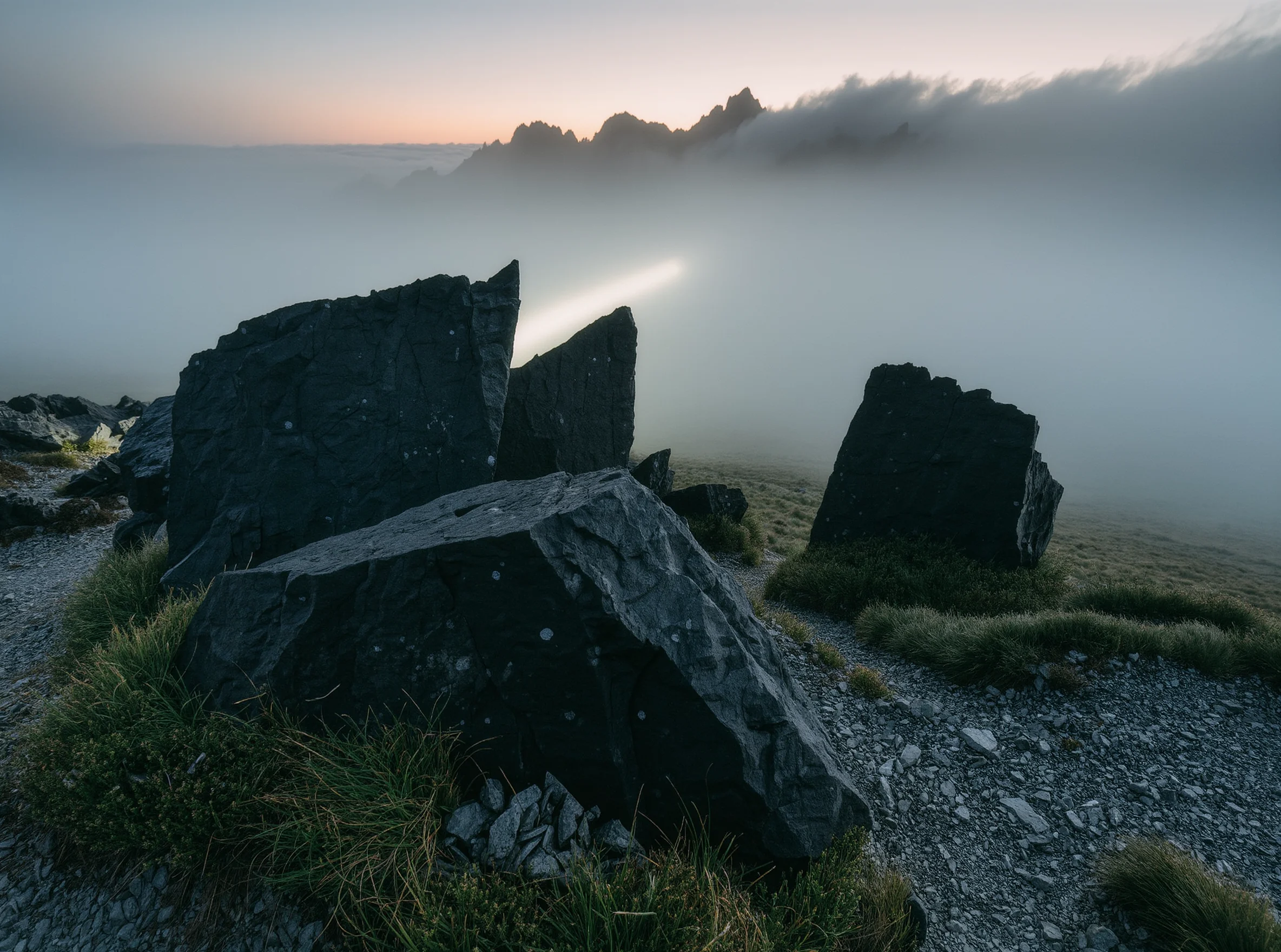 The Call of the Wilderness: Where Yuano Begins 2 Raw Obsidian by Yuano: Giant volcanic fragments on a misty mountain plateau