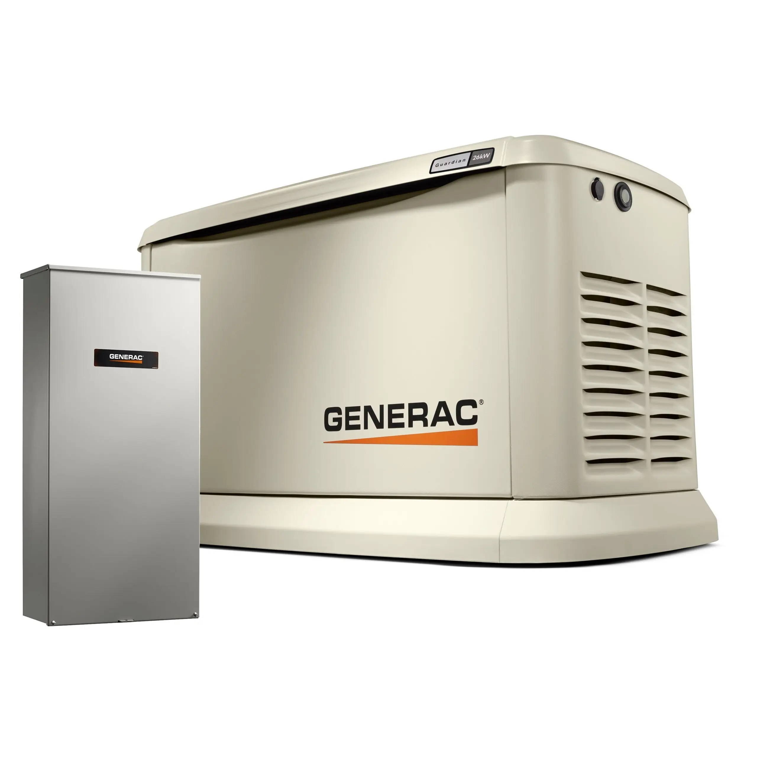 Side-by-side comparison of 22kW and 26kW standby generator enclosures with labeled components