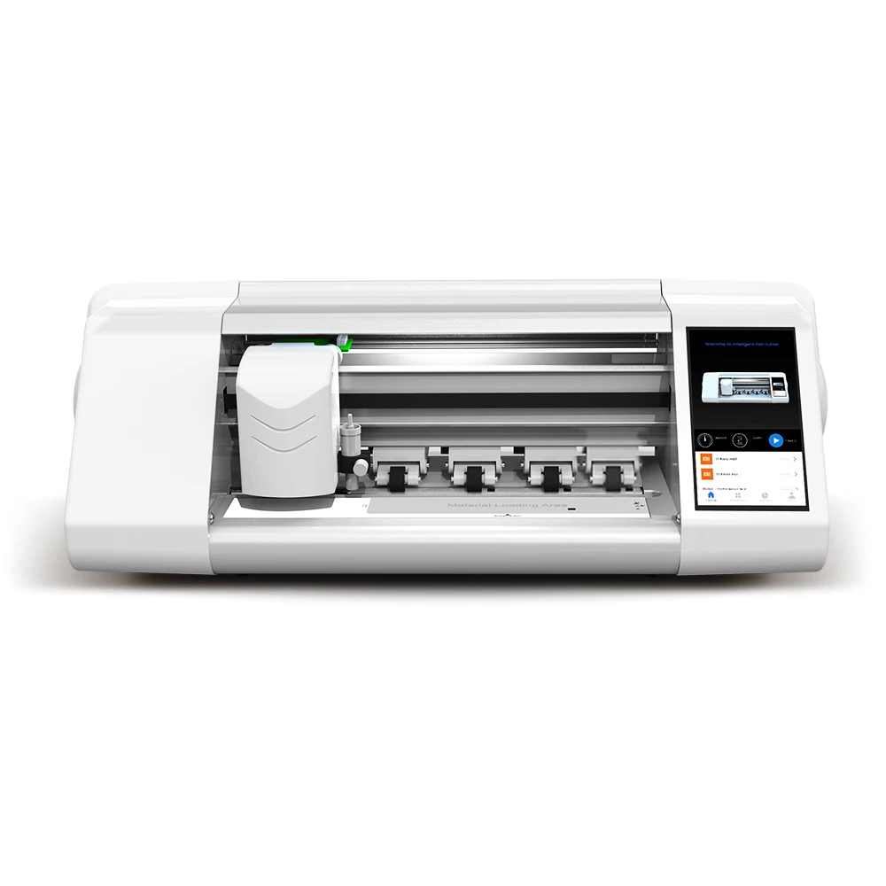 Smart TPU Hydrogel Cutting Machine in operation with smartphone on alignment tray