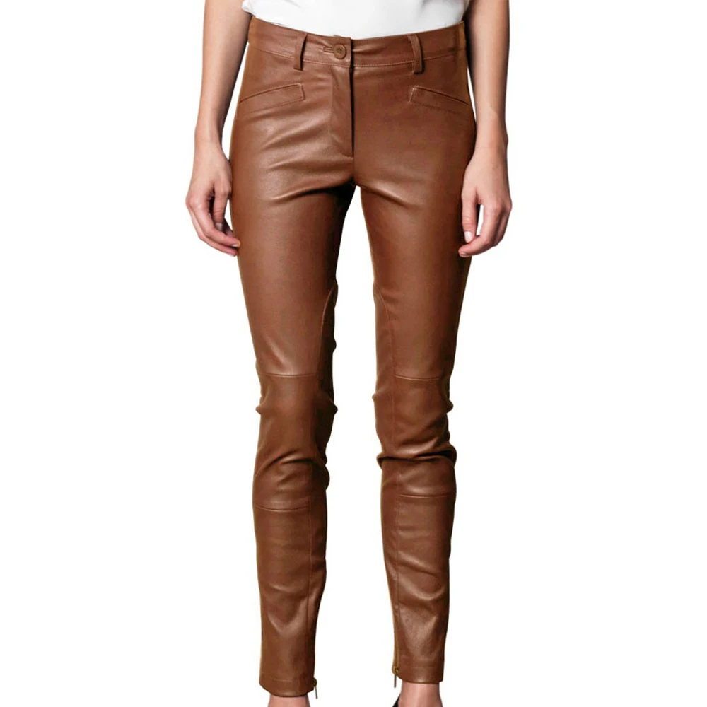Кожаные коричневые брюки женские