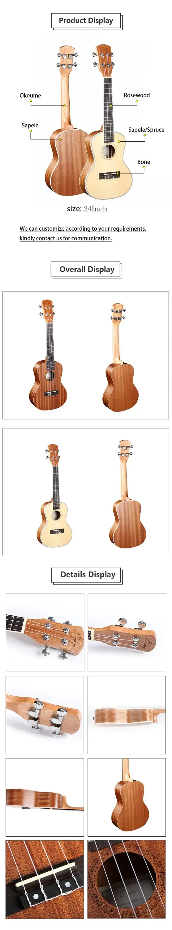 Ukelele de 23 pulgadas de madera de abeto de concierto, venta al por mayor de fábrica, calidad Premium