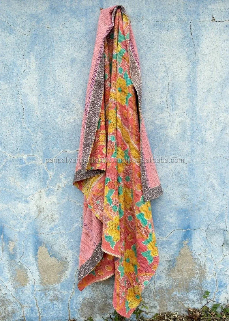Handmade Old Sari Patchwork Quilt Vintage One Of Kind Kantha Bedspreads
