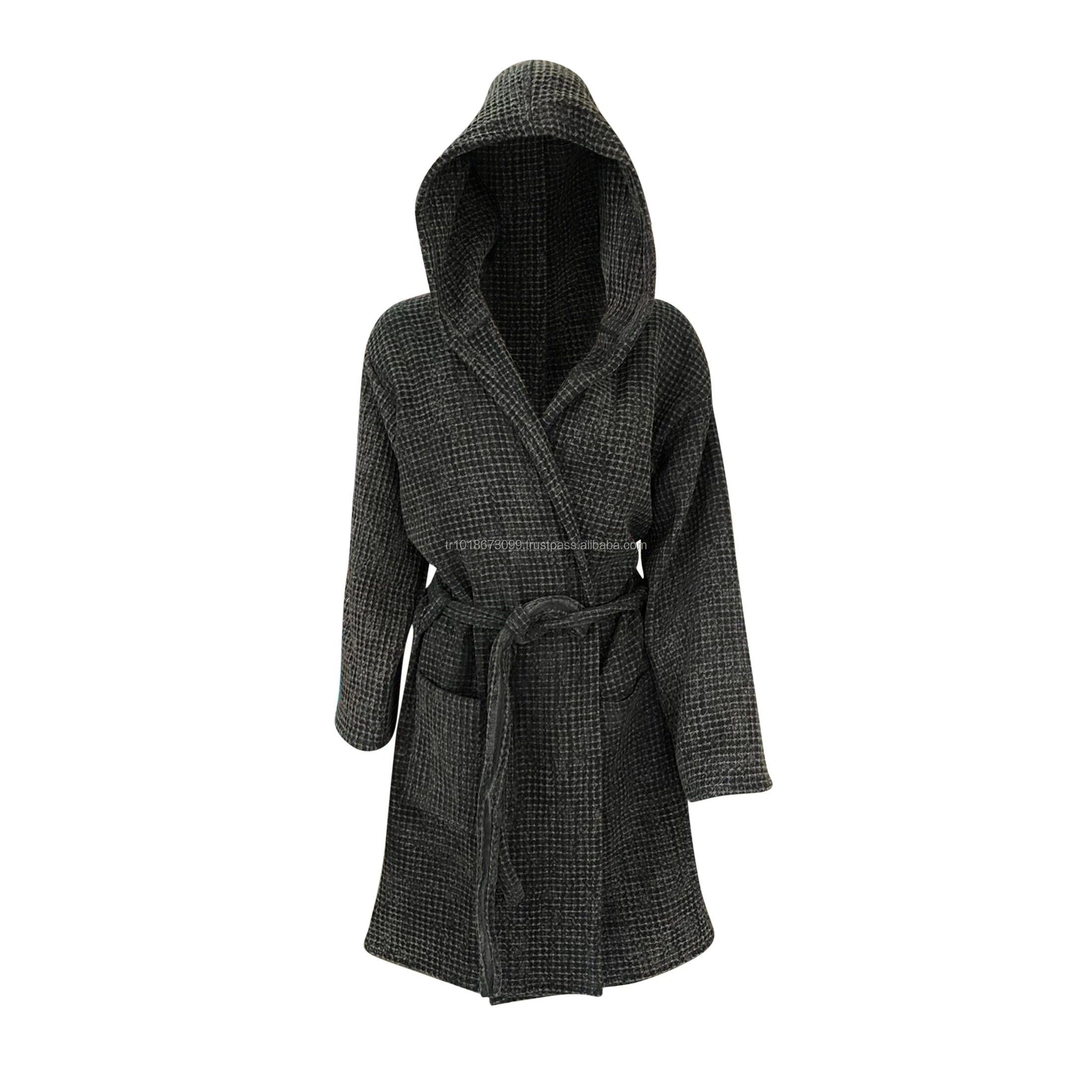 Black Waffle Robe,Women And Mens Cotton Bathrobe Made In Turkey