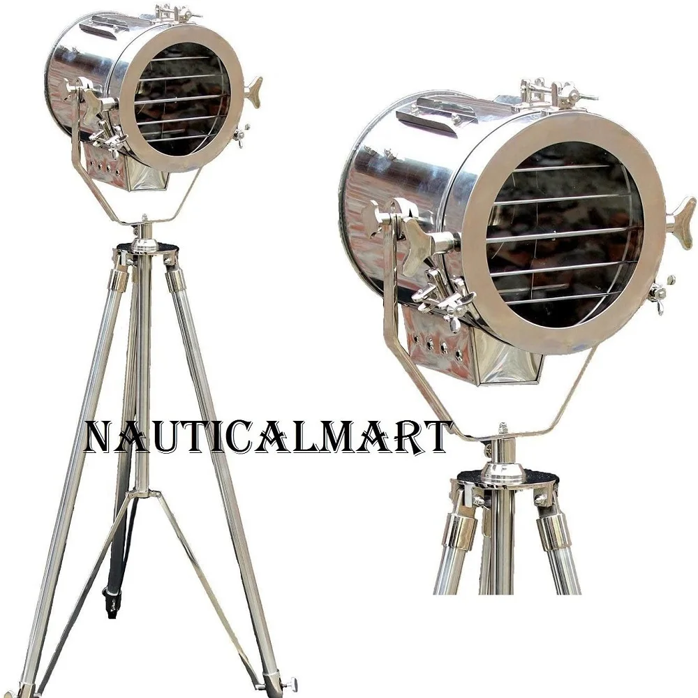 Nautical Spot Light Steel Searchlight Studio Floor Lamp Tripod Chrome & Silver Finish