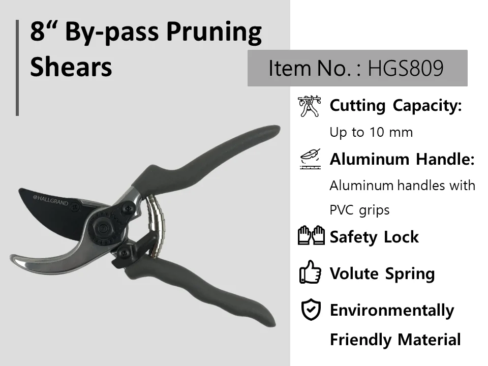 8" Bypass Pruning Shear Steel Blade Volute Spring Safety Lock Design