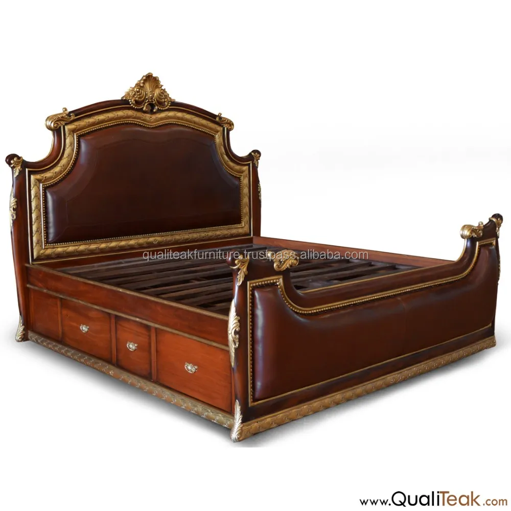 Leather Upholstered Bed With Storage Carved Mahogany Wood Buy