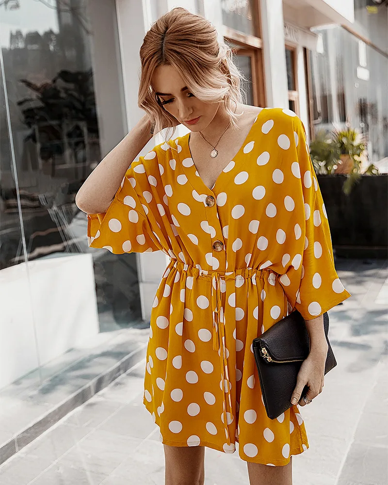 Fashion Hight Quality Women V-Neck Dot Pattern Printed Short Sleeve Holiday Casual Dress