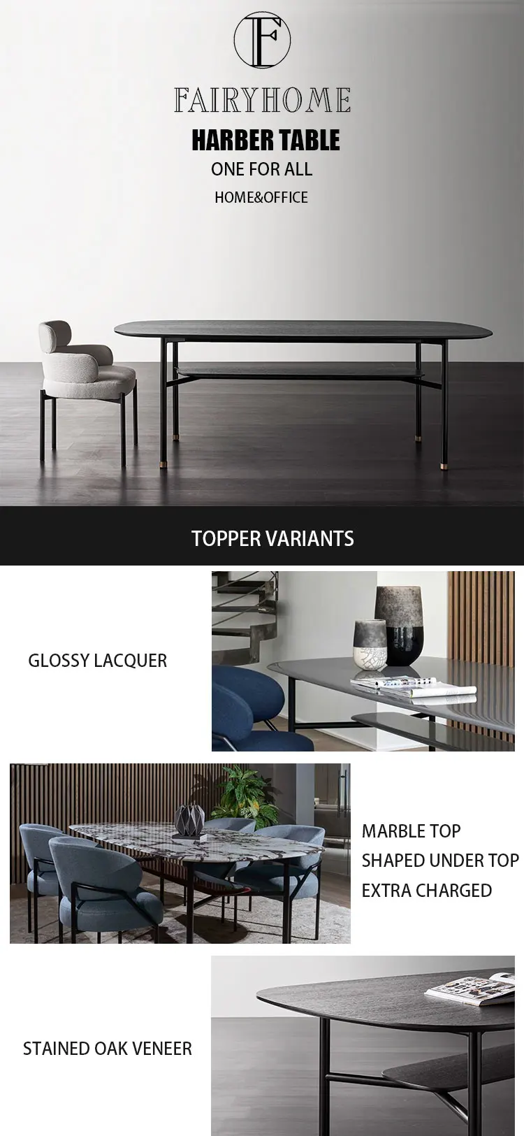 Modern oak veneer marble table top black metal base dining table office table