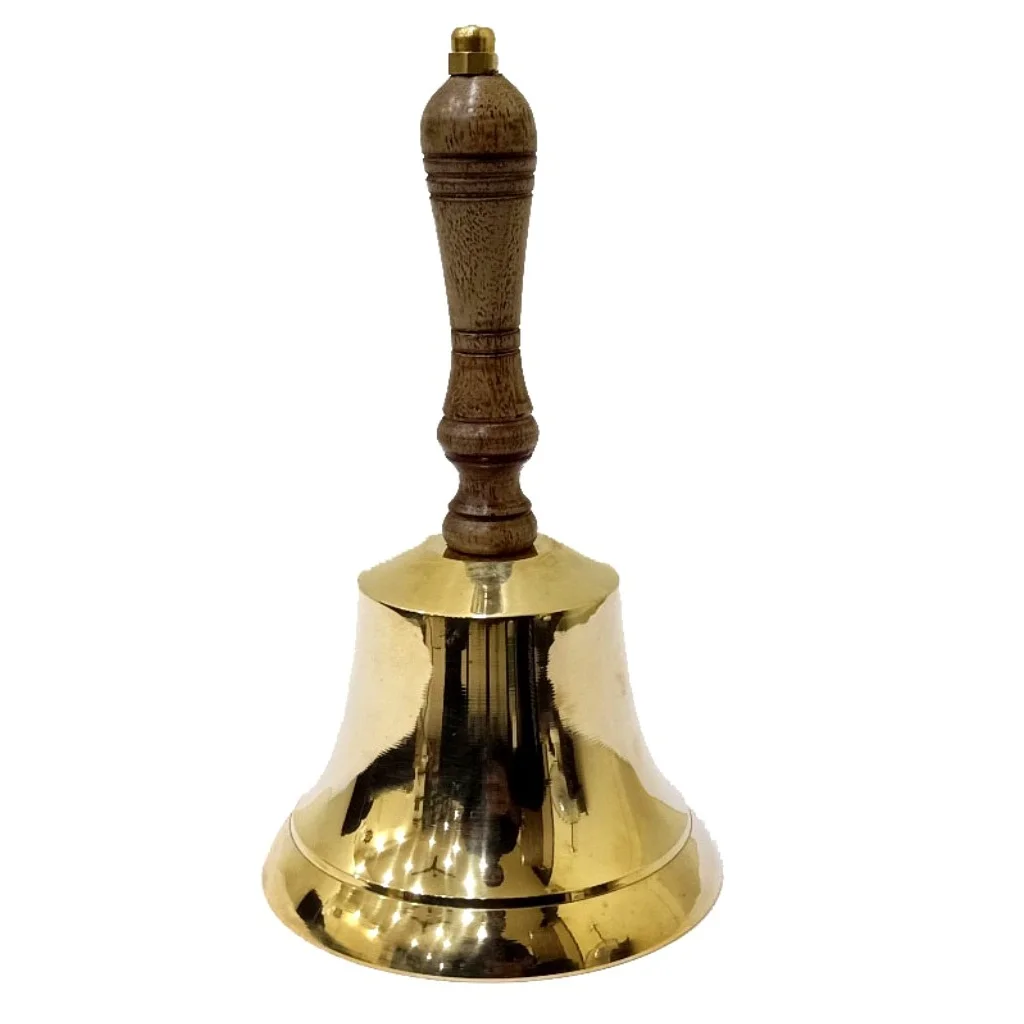 Solid Brass Wooden Handle School Dinner Hand Bell Handbell 12cm Reception CY UK 