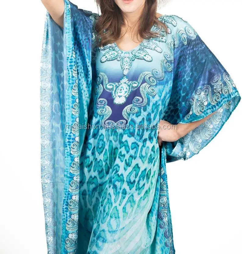 Free size Fashion kaftan wild kimono wrap front long maxi dress digital printed cuffs kaftan with embellished