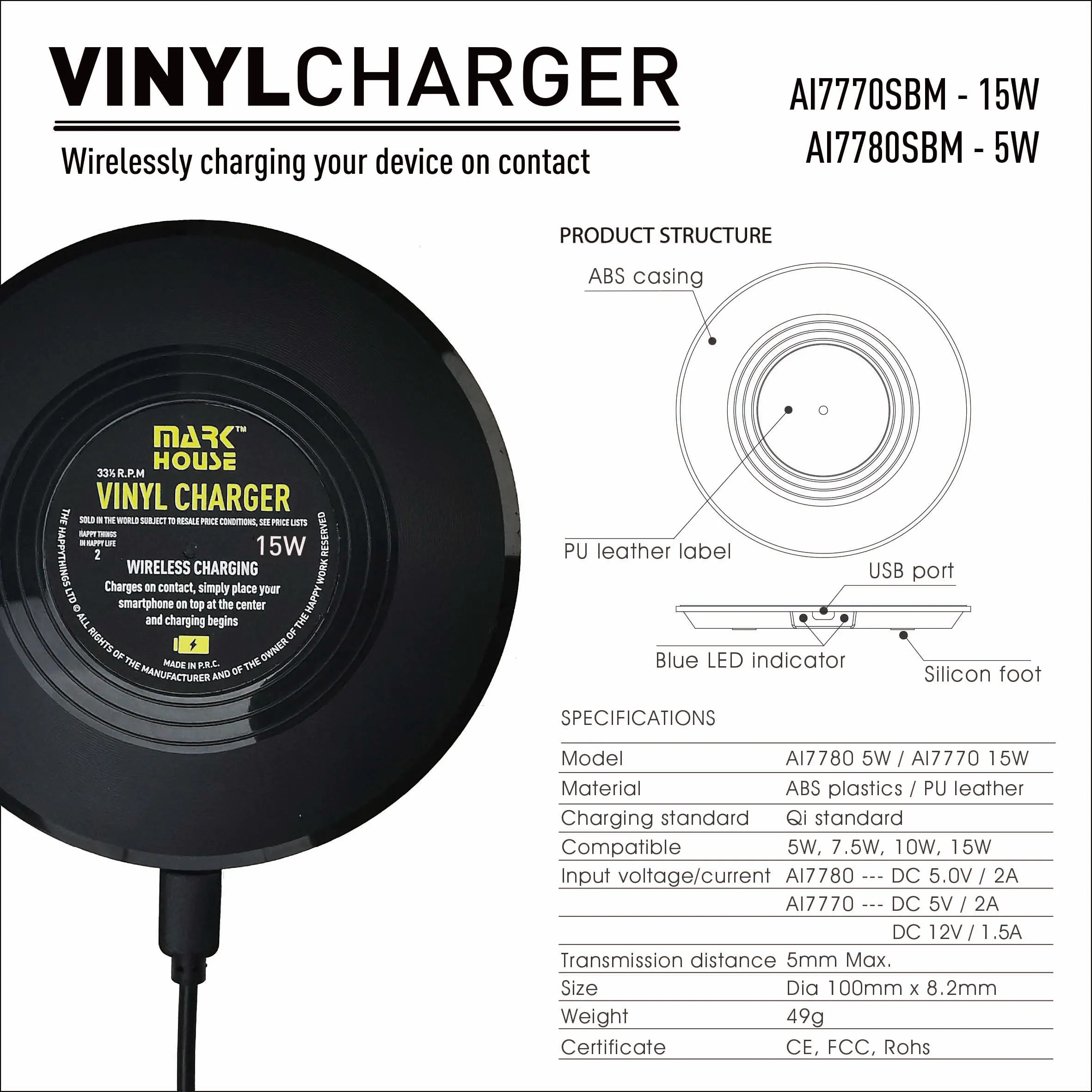 Best Quality Fast Charging 15w Qi Wireless Charger Pad With Vinyl